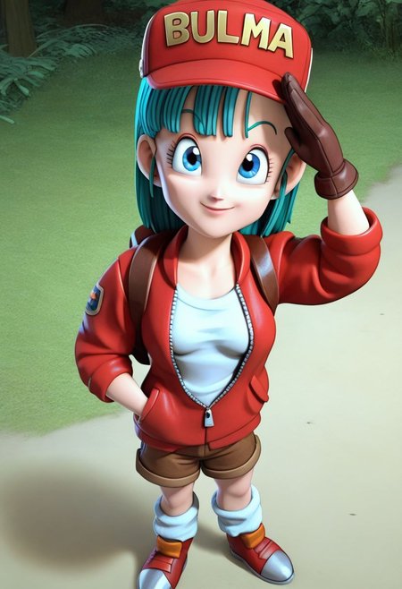 score_9, score_8_up, score_7_up, anime screencap, 
bulma \(dragonball\) 3d render, in clsh artstyle, 1girl, solo, looking at viewer, smile, bangs, blue eyes, nature, gloves, touching head, forest, closed mouth, aqua hair, standing, collarbone, looking up at viewer, jacket, full body, boots, shorts, character name, eyelashes, red footwear, straight hair, clothes writing, red jacket, brown gloves, zipper, arm at side, hand in pocket, salute, brown shorts, backpack, arm up, baseball cap, from above, loose socks, orange_legwear, fringe_trim, hat writing, raised eyebrows, small_breasts, shirt, white shirt, eyebrows