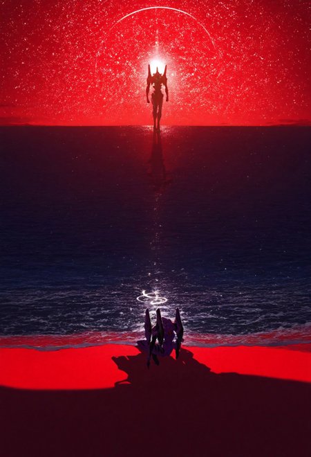 7-EVA01, evangelion, machinery, mecha, science fiction, ocean, space, night, star, large white halo, red background, simple background, detailed architecture, night scene, professional lighting, soft shadows, clear composition, masterpiece, best quality, absurdres, year 2023