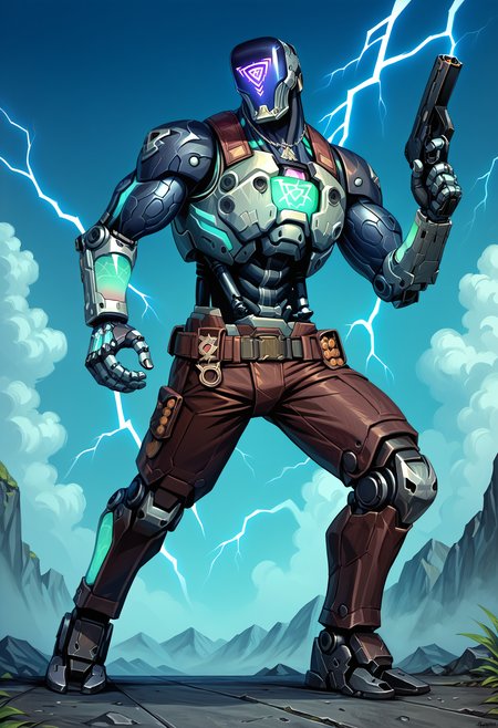 zPDXL3, score_9, score_8_up, score_7_up, (detailed face, detailed body, detailed background, perfect anatomy, masterpiece, high quality, best quality), outside, clouds, rating_safe BREAK full-length portrait, male focus, kayo_valorant, robot, cyborg, muscular, broad shoulders, looking at viewer, glowing, metallic body, holding weapon, gun, action pose, lightning <lora:detailed_notrigger:1> <lora:hand 4:1> <lora:KAYO_Valorant_V1:0.8>