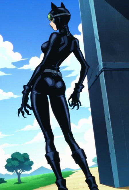score_9, score_8_up, score_7_up, score_6_up, score_5_up, score_4_up, ((fFaceDetail)), source_anime, anime screencap, anime coloring, retro artstyle, tall skinny slender slim ctwmnhsh, bodysuit, helmet, animal ears, goggles, gloves, belt, claws, boots, female, solo, cute butt, perfect butt, bubble butt, toned body, toned forelegs, outdoors, back roads, dutch angle, looking at viewer, perspective