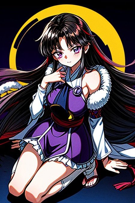 masterpiece,  best quality 1girl Setsun4 solo long hair,  (night time) forest background black hair very long hair purple eyes multicolored hair armor (fur trim) (medium body),<lora:EMS-179-EMS:0.800000>,<lora:EMS-293862-EMS:0.800000>ascot, bare shoulders, black footwear, detached sleeves, embellished costume, frills, japanese clothes, nontraditional miko, red skirt, sandals, sarashi, skirt, socks, white sleeves, white socks, wide sleeves, yellow ascot, zouri, armor, miko