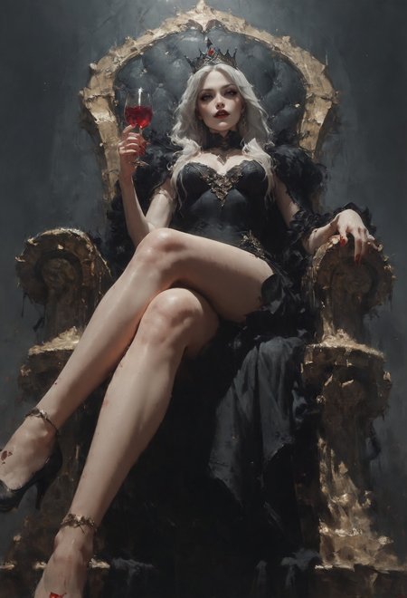 (score_9, score_8_up:1.1), score_7_up,   1girl, vampire queen, petite, white hair, long hair,  sitting on a golden throne, black royal dress, black royal miniskirt, thighs, crossed legs, from below, air of superiority, throne room, black tiara, nail polish, red fingernails, pale skin, bloody, red wine glass, bats,  <lora:d4rk01lXLP:0.7>  <lora:Concept Art Eclipse Style LoRA_Pony XL v6:0.5>
