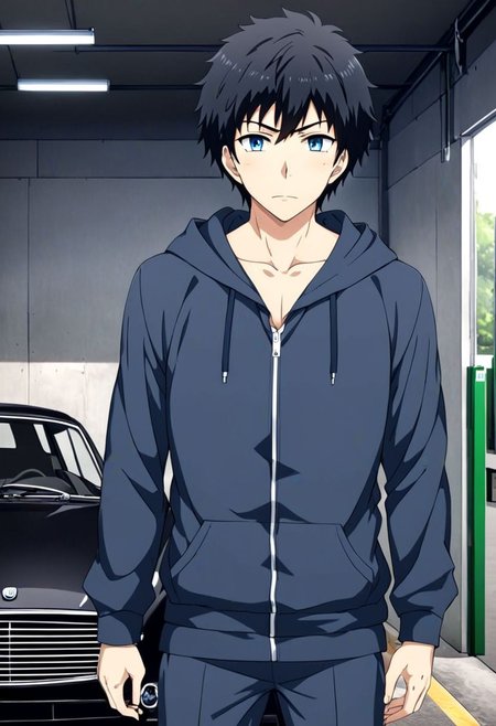 high resolution, solo, best quality, 1Boy, Arata Kaizaki, Black Hair, Blue Eyes, lounge suit, hoodie, car garage, OverallDetail