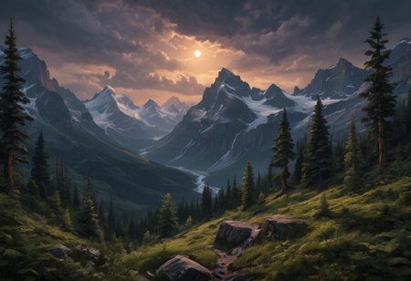 Beautiful outdoor, nature, no humans, mountain, glacier national park, dark twilight, forest, masterpiece, sharp focus, photorealistic rendering, extremely detailed