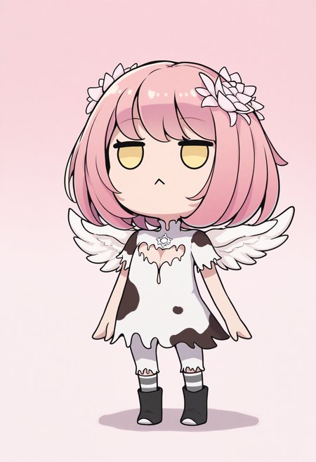 masterpiece, best quality, 1girl, solo, chibi, :<, full body, standing, arms at sides, looking afar, solid oval eyes, <lora:DurgaGR-illu:1> durgaGR, pink hair, short hair, hair flower, yellow eyes, white wings, cow print dress, brooch, cleavage cutout, short sleeves, white pants, striped socks, black boots, shadow, gradient background, pink background