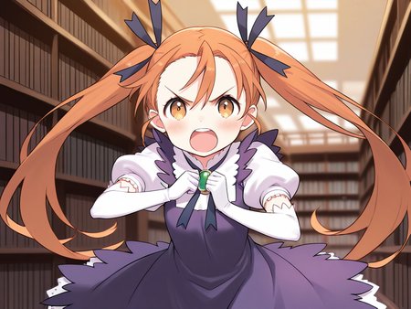 masterpiece, best quality, good quality, <lora:Aliese_Martini_IS:1> Aliese_Martini, 1girl, solo, twintails, long hair, brown eyes, hair ribbon, orange hair, brown hair, short stack,
 1girl, solo, blonde hair, gloves, dress, yellow eyes, elbow gloves, open mouth, ribbon, blush, purple dress, puffy sleeves, looking at viewer, short sleeves, white gloves, angry,
library,
