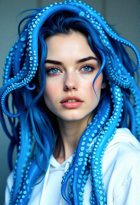 Envision a hyper-realistic of a glamorous beauty with piercing blue eyes, her face adorned by vibrant blue octopus tentacles that entwine around her neck and shoulders.Her hair are made purely from blue tentacles. The tentacles should be rendered with extreme detail, capturing their glossy, textured surface and the intricate patterns of the suction cups. Her pale skin should be softly illuminated, contrasting with the boldness of the blue tentacles, as she wears a white hoodie with subtle, sketch-like folds that add an artistic layer to the realism. Her expression should convey a sense of wonder, with slightly parted lips and a calm demeanor, as if the tentacles are a natural extension of herself. The background should have a gentle blur, bringing sharp focus to the lifelike textures and intricate details of the tentacles and her delicate features, creating a seamless blend of surrealism and photorealism.

With her head slightly tilted to the left, tentacles draping over her shoulders as she gazes directly at the viewer, her piercing blue eyes calm and serene.
