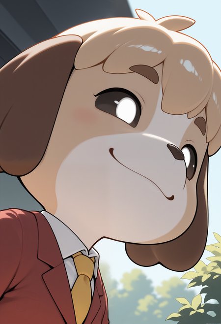 masterpiece,best quality, amazing quality, 1boy, solo, d1gby, dog boy, red collared shirt, white undershirt, yellow tie, chibi, close angle, side angle, smile, no pupils, white eyes, black sclera, chibi, outdoors,