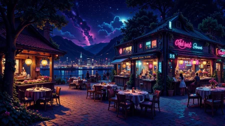 a restaurant beautiful  landscape, bright luminous night, woman, very intricate, very detailed, sharp, bright, colorful, <lora:Hand v2:0.5> <lora:Anti-Blur:1><lora:Insane Detail Slider:0.25>  <lora:flux.1_lora_flyway_Epic-detail_v2:0.3> <lora:fluxenhancer:0.25> <lora:ck-Neon-Retrowave:0.4> ck-rw, in the style of ck-rw,  <lora:Neurocore Anime Cyberpunk:0.8> A digital artwork in the style of cknc