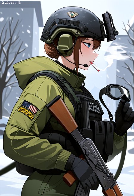 very awa, masterpiece, best quality, year 2024, newest, highres, absurdres, <lora:age_slider_v4:3> <lora:thicc_v1.4-pony:1.2>,detailed_background,outdoors,ammunition pouch,hood,kalashnikov rifle,cigarette,rifle,mouth hold,dated,hooded jacket,1girl,goggles,jacket,headset,green eyes,weapon,absurdres,walkie-talkie,smoking,bags under eyes,helmet,holding gun,tactical clothes,unworn goggles,1other,nose,black gloves,snowing,pants,brown hair,green pants,ak-74m,from side,winter,user ves1082,gloves,holding,upper body,black helmet,military uniform,assault rifle,gun sling,holding weapon,bulletproof vest,short hair,magazine \(weapon\),load bearing vest,green jacket,military,gun,blizzard,sidelocks,highres,pouch