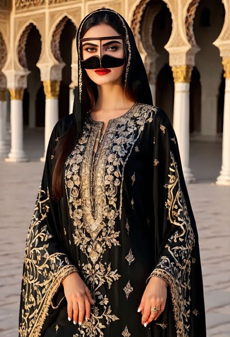 arabic_female_1 , full face a beautiful faced  woman dressed in an embroidery dress ,  with beautiful black kaftan, best quality, 4k, ultra realistic , super quality, five finger hands, background of sheikh zayed mosque