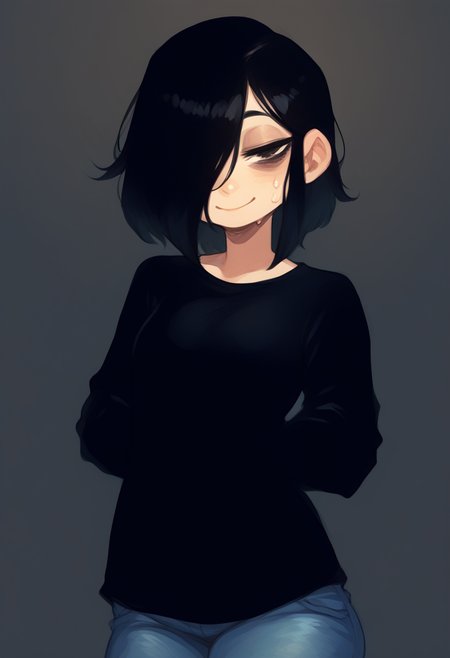 score_9, score_8_up, score_7_up, source_anime, solo,from bellow, smile,  hair over one eye, bags under eyes, black hair, medium hair, small breasts, black shirt, long jeans, looking at viewer, sweat, indoors, half closed eyes, <lora:ntl_pdxl:0.8> ntl_style,  <lora:rapscallion_style:1>,  <lora:babySwa:1> baby carry, swaddled