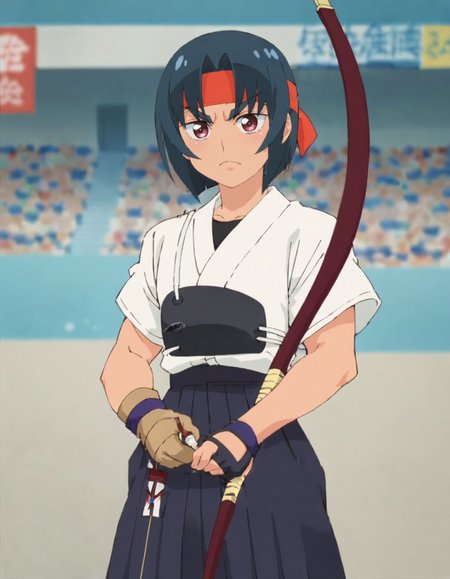 score_9, score_8_up, score_7_up, 1girl, solo, pubic hair,anime screencap, kyuudou, archery, muneate, partially fingerless gloves,   hakama skirt,
headband, short hair  red headband,  frown, black hair, looking at viewer, closed mouth, thick eye blow,<lora:nassan_v3:0.9>