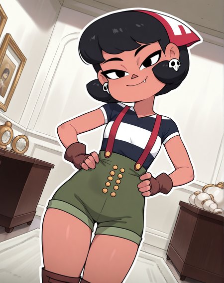 masterpiece, best quality, amazing quality, very aesthetic, absurdres, newest, solo, UmiZYN, 1girl, solo, tan skin, black hair, short hair, fangs, head covering, skull earrings, (overalls, striped t-shirt, dark green pants, shorts, brown boots, fingerless gloves), cowboy shot, looking at viewer, beautiful, ((beautiful face, beautiful eyes)), Wide Hips, Thicks Thighs, Thicc Girl, standing,(smile, dutch angle, Hands on hips,naughty pose, looking at viewer, indoors, elegant room, solo, dynamic pose, full_body, head tilt,),((white background, White frame, white outline))