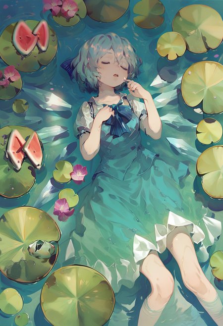 score_9, score_8_up, score_7_up, score_6_up <lora:reiXL_AutC_lokr_V43P1:0.95>  1girl, cirno, solo, blue hair, closed eyes, short hair, blue bow, wings, short sleeves, bow, watermelon, ice, flower, water, skirt, ice wings, fruit, food, shirt, hair bow, puffy sleeves, lying, partially submerged, puffy short sleeves, blue skirt, blue vest, on back, open mouth, lily pad, wet clothes, album cover, vest, feet out of frame, white shirt, bowtie, wet, frog, pink flower, blue dress, ribbon, skirt set, hair between eyes, dress, afloat, blue shirt
