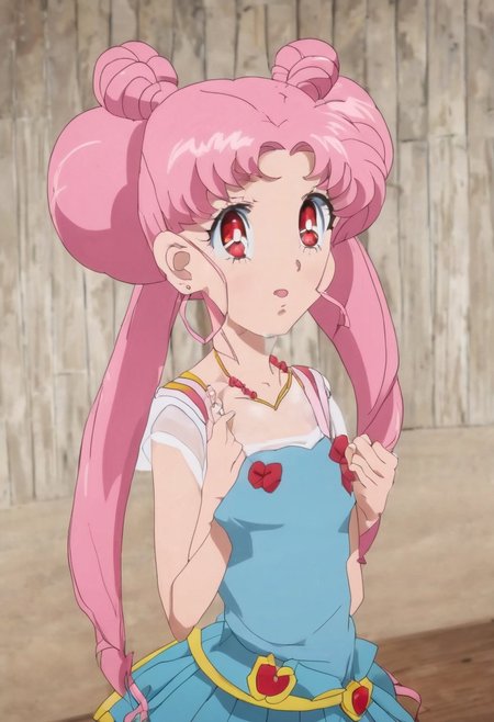 <lora:SMCrystalSDXL-REDO:1>  1girl, anime coloring, blue eyes, closed mouth, crystal movies style, earrings, red eyes, pink hair, hair bun, indoors, jewelry, magical girl, multicolored skirt, necklace, pleated skirt, red bow, short hair, shorts, skirt, twintails, very long hair