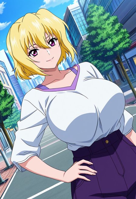 general,highres, ultra-detailed,very aesthetic,best quality ,best hands,best eyes,easynegative,
dynamic anglre, dutch angle, anime cloring,anime screencap,
1girl solo,looking at viewer,city,outdoors,smile,hand on hip,
STELLAR Loussier,yellow hair,short hair,purple eyes,huge breasts,shirt,pants,