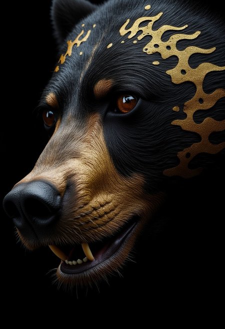 The extreme macro photo captures a fearsome black bear's left eye, bathed in a dark and inky contrast. Its piercing pure gold eyes and sharp teeth are visible in the background. The bear's dark fur, matted and messy around the eye due to the spray paint, contrasts dramatically with the metallic gold markings that adorn its face, particularly around and over the eye, resembling scales or armor. The spray paint gives the markings a wet, messy appearance. The photo is highly detailed and intricate.
 perfection style,mad-cybranmls