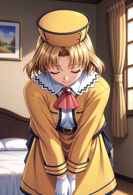 score_9, score_8_up, score_7_up, BREAK <lora:KuraruSada:1> ,sanadak, 1girl, yellow hat, white gloves, closed eyes,white collar,blonde hair, short hair, bowing, leaning forward,yellow skirt, v arms, red ascot, red brooch,smile, white shirt, yellow jacket, long sleeves,black belt,indoors,bedroom,