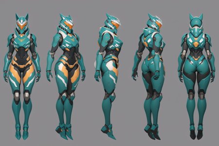 (GENERAL:0), mecha, robot, masterpiece, best quality, very aesthetic, absurdres, solo, standing,
(VIEWS:0),  full body character turnaround of mecha,
Multiple views of the same mecha,  (simple background, white background:1.2), multiple views, side view, back view, front view, 
sunglasses, goggles,
mask, helmet,
Wolf\(animals\)ï¼
slayer Praetor suit\(Doom\),
plate armor, power suit, alien,
android, cybersuit, upper armor, mechanical arms, machinery, prosthesis,
(bodyshape:0), Well-proportioned body,
(clothing:0), (Wide-leg pants, tucked in tee, sneakers:0.6), 
(cyan  
post-Apocalypse  theme character design:1.1),
 <lora:MechTurnXLRemix_v1:.75>
 <lora:MechTurnXL_v1:.25>
<lora:ClothTurnXLRemix_v1-000004:.25>
 <lora:ClothTurnXL_v1-000004:0.25> 
<lora:CharTurnXL_v2:0.25>
 <lora:xl_more_art-full_v1:.25>,
 <lora:Alphonse Mucha Style:.1>, Alphonse Mucha Style page
 <lora:å½é£æç»SDXL:.1>