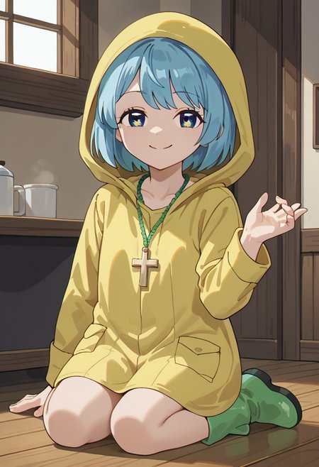 score_9, score_8_up, score_7_up, BREAK
highres, highly detailed, high resolution, high quality, 
source_anime, anime screencap, saturation, vivid colors, 
1girl, solo, luce, full body,
light blue hair, big dark blue eyes, short hair, cute,
(long yellow raincoat:1.1), green rubber boots, 
cross necklace,
squinting eyes, half-closed eyes, smile, naughty face, closed mouth, looking at viewer,
a girl holding a crucifix in her one hand, on knees, kneeling, sitting, holding, holding cross, offers cross,
pikaole, cute, bokeh,
room background, wooden chest, 
(side view:0.5), (high angle:0.7),