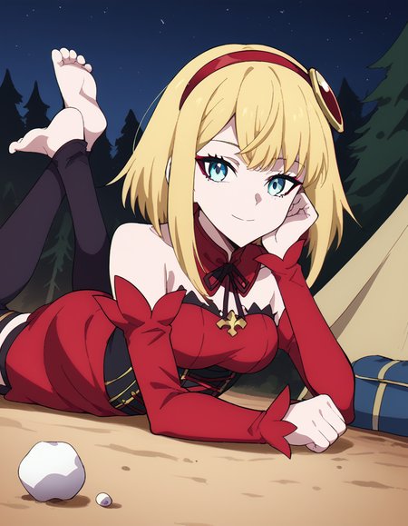 score_9, score_8_up, score_7_up, source_anime, <lora:taktop-destiny-s1-ponyxl-lora-nochekaiser:1>, destiny, short hair, bangs, blue eyes, blonde hair, hairband, medium hair, red hairband, medium breasts,, thighhighs, dress, bare shoulders, detached sleeves, black thighhighs, zettai ryouiki, strapless, detached collar, red dress, corset, red sleeves,, camping, bonfire, tent, stargazing, marshmallows, forest clearing, night, smile, <lora:the-pose-ponyxl-lora-nochekaiser:1>, the pose, on stomach, feet up, lying, soles, feet, legs up, head rest, barefoot, looking at viewer, solo,, dutch angle, cowboy shot