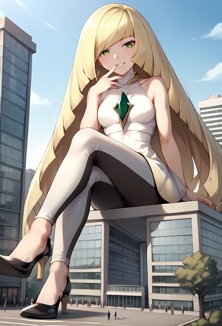 score_9, score_8_up, score_7_up, BREAK source_anime, BREAK,  
lsmndef, green eyes, blonde hair, very long hair, bangs, hair over one eye, chest jewel, white dress, sleeveless, leggings,
long legs, giantess, kk_giantess, smug smile, looking at the viewer, sitting on a building, shoe dangle, high heels, 
<lora:Giant_Girl__KK:0.6> kk_giantess,1girl,solo,giantess,giant,building, micro crowd, sitting on a building, outdoors,city, sitting, sitting on top of a tiny building with blue windows,   <lora:XDetail_light:2>