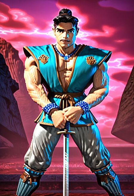 DonMC0m1cM4g1cXL, (dark, fantasy, magical, eerie) score_9, score_8_up, score_7_up, score_6_up, Kaze_Primal, black eyes, black hair, long hair, ponytail, blue gi-esque garment, brown lining, brown belt, two brown medallions on the chest,  white pants, brown boots, armored boots, Kogake, necklace, wristbands , katanal, BREAK,  background, plain, purple sky