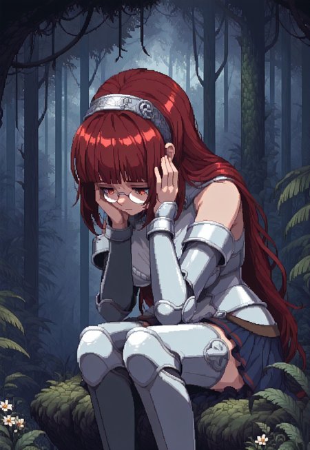Lazypos, dpa,pixel art, outdoors, rainforest, trees and flowers, focus on upper body, 1girl, red hair, red eyes, long hair, blunt bangs, armor, glasses, blue plated skirt, ornated headband, depressed, sitting,hands on own face,head down,head down,facing down