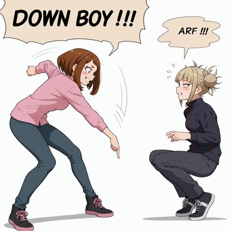 highres, hi res, best quality, masterpiece, 2d, intricate details, 4k, anime coloring, uncensored, shaded, shadow, countershading,
2girls, eyelashes, nose, blush, blush stickers, brown eyes, brown hair, short hair, uraraka ochako,
2girls, eyelashes, nose, bangs, blonde hair, blunt bangs, double bun, eyebrows visible through hair, grin, half-closed eyes, messy hair, yellow eyes, toga himiko,
depth of field, white background, <lora:Down_Boy_ILXL:1>, aggressively pointing downward, commanding stance, dominant expression, crouching, surprised expression, english text, text, small speech bubble, duo, meme, down boy \(meme\), speech bubble, english text, parody, flying sweatdrops,