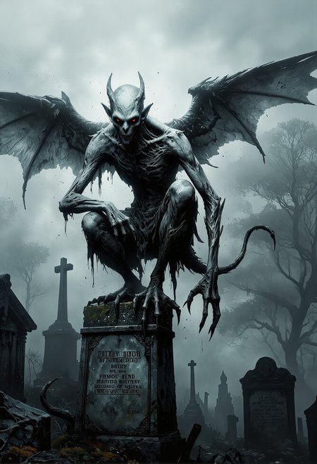 A pale, vampiric figure with talons instead of fingers, perched on a gravestone, its crimson eyes scanning the foggy cemetery <lora:Dever_Flux_Enhancer.safetensors:0.5>,  <lora:- Flux1 De-Distilled - temp_haunting_cre_1.0.safetensors:0.75>,  <lora:RM_Artistify_v1.0M.safetensors:0.95>,