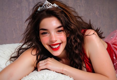 score_9, score_8_up, score_7_up,score_6_up, rating_safe, 1girl, ((solo)), ((focus on face)), lying on stomach, ((laugh)),
BREAK
flirty, horny, mischief, naughty, inviting,  blushing, 
GeGe, 1girl, brown hair, (((wavy hair))), makeup, lipstick, eyeliner.
petite girl, large breasts, flat tummy, thin hips, curvy legs, heart-shaped ass, eyeshadow, eyeliner, (red lipstick), jewelry, very long hair, transparent arabian clothes, pants, tiara, brunette, brown eyes,
cleavage, perky nipples,
sexy pose, cute pose, indoors, night time, arabian bedroom, harem,