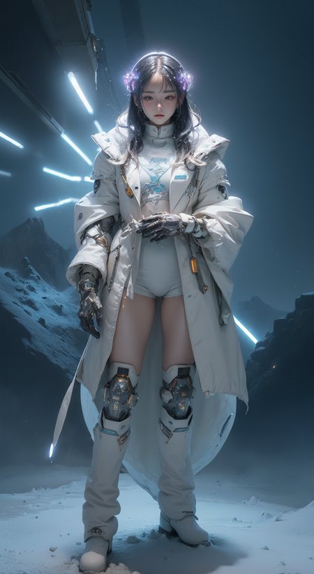 (masterpiece,top quality,best quality,official art,beautiful and aesthetic:1.2), ,,snow ,cry,, elegant, highly detailed, , sharp focus,,,cyberpunk,,fried ballads,,(luminescence:1.3),<lora:nijiarmor:.6> cybersuit,(snow mountain:1.3)