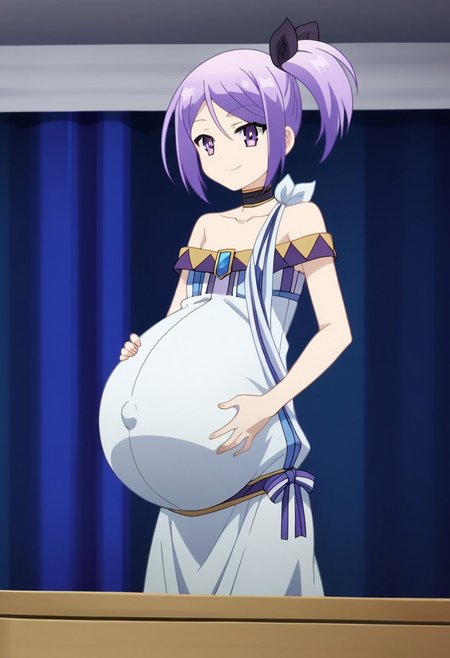best quality, masterpiece, 4k, perfect lighting, very aesthetic, anime, anime coloring, official art, anime screencap, bedroom, happy, smile, hands on belly,
fFaceDetail, EyeDetail,
(large pregnant belly:1.5)
<lora:MasterofRagnarok:1>, christina, purple eyes, purple hair, short hair, side ponytail, hair ribbon, flat chest
choker, bare shoulders, collarbone, ribbon,  dress,
(covered belly:1.5), (pregnancy clothes:1.5)