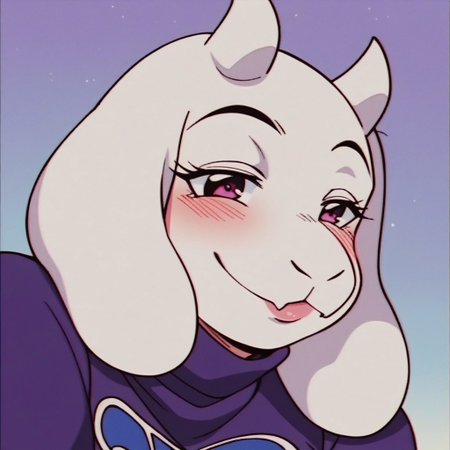 score_9, score_8_up, score_7_up, score_6_up, cute, beautiful face, beautiful eyes, Toriel, purple eyes,  chubby, blushing, purple robes, goat snout, retro anime style, anime screencap, smiling