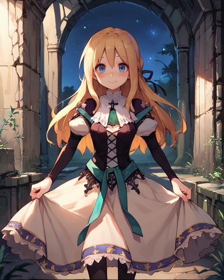 (score_9, score_8_up, score_7_up), source anime, indoors, forest, night, ruins, (night), stars, cosmos, <lora:backgroundsetXL:0.2> , background, woman ruins standing, female focus, blush, looking at viewer, <lora:HandFixer_pdxl_Incrs_v1:0.35> , handfixer, depth of field, highly detailed,(cowboy shot),  <lora:StS_detail_slider_v1PonyXL:1>, detailed, clutter, <lora:Manhwa-Artstyle__PonyXL__Shufflebox:0.15> , Manhwa-Artstyle, anime_source,   <lora:Yggdra:0.8> , yggdef, 1girl, blonde hair, long hair, blue eyes, hair ribbon, ascot, juliet sleeves, black sleeves, dress, cross-laced clothes, cross-laced dress, lace-trimmed dress, lace trim, corset, black pantyhose, smile,