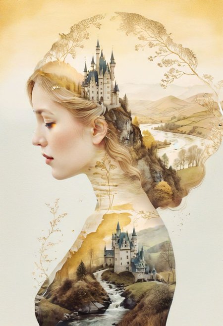 Whimsical illustrated double exposure, feminine figure formed by story book illustrations, enchanted castles, talking animals, mythical landscapes with winding rivers and rolling hills, soft golden light, delicate watercolor textures