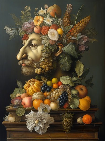 masterpiece,best quality,oil painting,illustration,bear,style of Giuseppe Arcimboldo,fruits,vegetables,flowers,fish and books,<lora:tbh108-sdxl:0.9>,