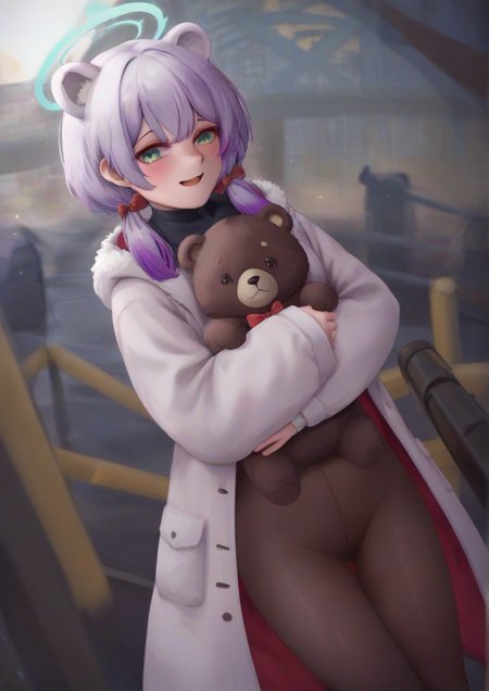 zPDXL3,1girl, momiji (blue archive), animal costume, bear costume, black pantyhose, bow, coat, cowboy shot, fur-trimmed coat, fur trim, green eyes, green hair, halo, hood, hood up, hooded coat, hugging object, long hair, long sleeves, looking at viewer, multicolored hair, open mouth, pantyhose, purple hair, red bow, rocket launcher, short hair with long locks, sleeves past fingers, sleeves past wrists, smile, solo, twintails, two-tone hair, weapon, white coat, winter clothes  <lora:Doogge:1>
