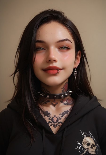 score_9_up, score_8_up, score_7_up, score_6_up, abstract, 1girl, solo, close view,  
black hair, piercings, neck tattoos, tattoos, long hair, hair covering one eye, (lipring, lips, lip piercing, lip ring),
spiked collar, 
black hoodie, huge breasts,
winter, 
blush, shy smile, portrait, face focus, depth of field, looking at viewer,