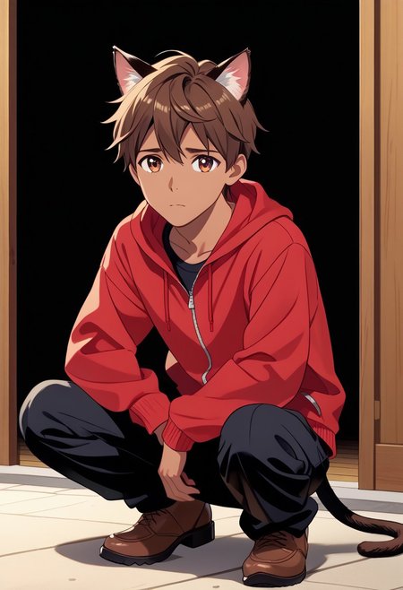 Anime style, anime art style, cartoon art style, ((masterpiece)), ((best quality)), ((ultra-detailed)), score_9_up, score_8_up, score_7_up, HD, top quality, best quality, High-quality illustrations, anime screencap, masterpiece, best quality, amazing quality, BREAK man male guy, curly dark brown hair, short hair, hazel brown eyes, big eyes, defined chin, chiseled face, dark brown cat ears, dark brown cat tail, tan skin tone, full body, detailed eyes, high definition eyes, red hoodie jacket, black pants, crouching, sad, pleading eyes, BREAK (Cartoony),