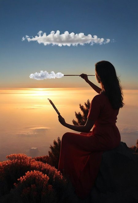 F-B-C, foreground: a seated woman painting with a long brush  , background: mountain landscape above clouds and sunset  , effect: the woman paints clouds in the sky