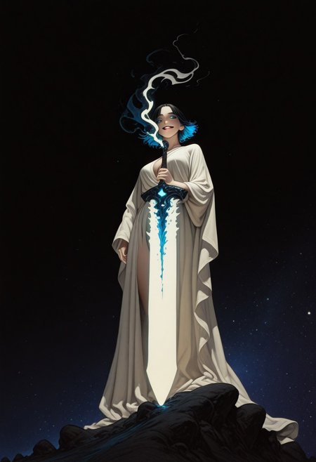 Bright, almost blinding monochrome manga sketch, minimal rough lines, seductive female embodiment of Death, long white robe flowing like liquid light, voluptuous woman, detailed face and hair, robe merging into surrounding glowing void, massive indistinct sword shimmering with unreal radiant energy, face as white void, wicked teasing grin piercing the light with eerie clarity, raw unfinished feel, heavy highlights, stark white contrasts, tense mysterious atmosphere, sketch texture, high contrast ink style, dynamic linework, abstract glowing space, unsettling visual tension, minimalist composition, light fantasy aesthetic, ethereal presence, subtle energy distortion, blinding brightness, 8k resolution, ArtStation trending, award-winning composition. giant sword, huge sword