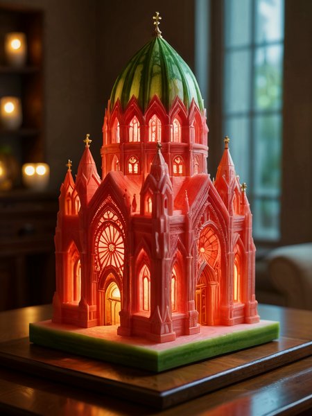 award winning photo, 

The magnificent craftsmanship of a miniature cathedral carved from a block of solid watermelon. It sits on a table in my living room. It glows from within. Night.