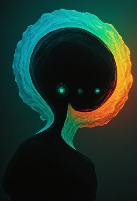 The head is particularly striking, featuring a large, translucent, glowing orb that emits a warm, pulsating light. This orb is a deep, vibrant turquoise color on the exterior, with a gradient that transitions to a translucent dark blue hue on the interior, creating a stark contrast. Billowing Hair, Aura, cyclops with the glowing orb occupying most of the head, leaving little to no discernible facial features.  The translucent head of the figure refracts the light into vivid neon spectral hues, casting an ethereal rainbow pattern onto the wall beside them. snapshot from an unreal, forgotten memory.