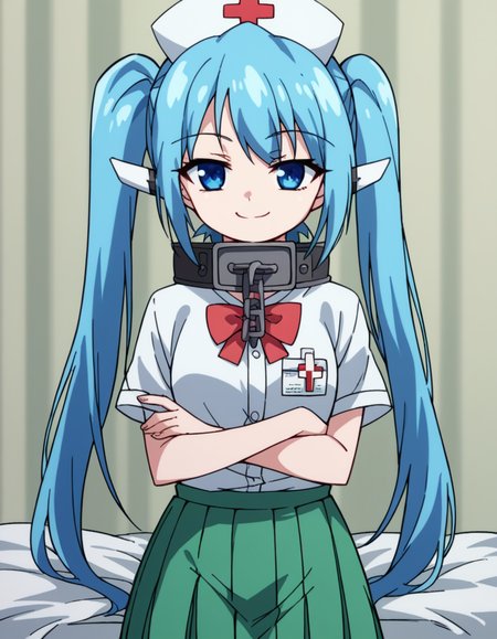 score_9, score_8_up, score_7_up, source_anime, <lora:otoshimono-nymph-s2-ponyxl-lora-nochekaiser:1>, nymph, long hair, blue eyes, twintails, blue hair, collar, chain,, skirt, school uniform, red bowtie, green skirt, short sleeves, white shirt, pleated skirt,, infirmary, bed, medical supplies, nurse, first aid, smile, crossed arms, smug, looking at viewer, solo,, dutch angle, cowboy shot