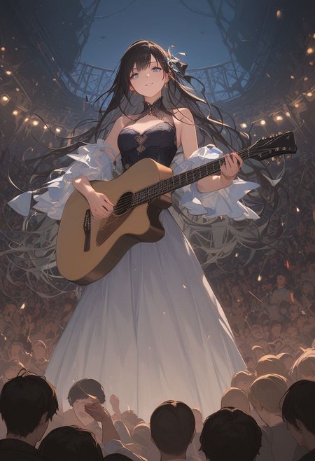 score_9, score_8_up, score_7_up, score_6_up, score_5_up, score_4_up, source_anime, Expressiveh, 1girl, standing, acoustic_guitar, playing_guitar, playing instrument, concert hall, stage, black hair, long hair, long dress, bright blue eyes, medium chest, anime, anime 2, crowd, audience
