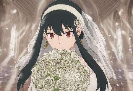 yor briar, black hair, red eyes, earrings, white hairband, hairband, long hair, sidelocks, wedding dress, bouquet, church, soft sunlight, best quality, high res