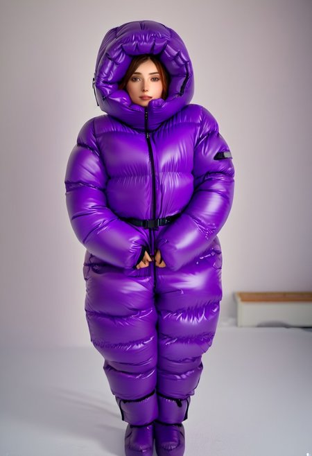 full body shot of one front cute, sweet woman, [person:0.75], radiating elegance and beauty. She is dressed in a violet ((hooded up  very puffer strait closed   hood glossuit)). The hood had is fully closed with only eyes open, ((High Yoked)). The lighting is mid, highlighting her features . Cinematic lighting, very cold, high resolution, winter fashion, realistic shading, , artstation, masterpiece. hd and high detailed clothing. down clothes by parkasite. sweetest, cutest. she stay fasten on a restraint harness, fasten on legs, fasten on arms, fasten on ankles, fasten on wrists, fasten on neck. (bokeh) <lora:Parkasite_v10:1.0> <lora:Segufix_V1_1:0.9>