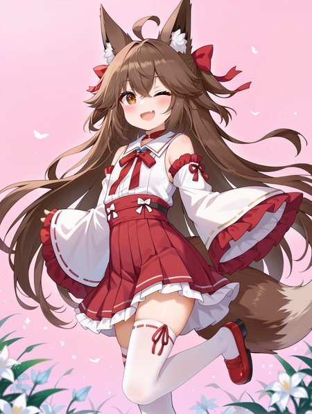 1girl, 
solo, depth of field, shoe soles, ribbon-trimmed sleeves, standing on one leg, ribbon-trimmed legwear, skirt, brown eyes, wide sleeves, animal ear fluff, detached sleeves, blurry, ;d, ahoge, fang, thighhighs, pleated skirt, brown hair, long sleeves, blush, smile, long hair, red skirt, one eye closed, very long hair, red footwear, white thighhighs, shoes, animal ears, looking at viewer, tail, sleeves past wrists, fox ears, open mouth, two-tone background, hair between eyes, standing, blurry foreground, ribbon trim, fox tail,
A young girl with long brown hair and a red bow on her head. she is wearing a white dress with a red skirt and a pair of red shoes. the dress has a high neckline and long sleeves. the girl is standing in front of a pink background with small white flowers scattered around her.
score_9, score_8_up, score_7_up, source_anime
 <lora:style016:0.8>